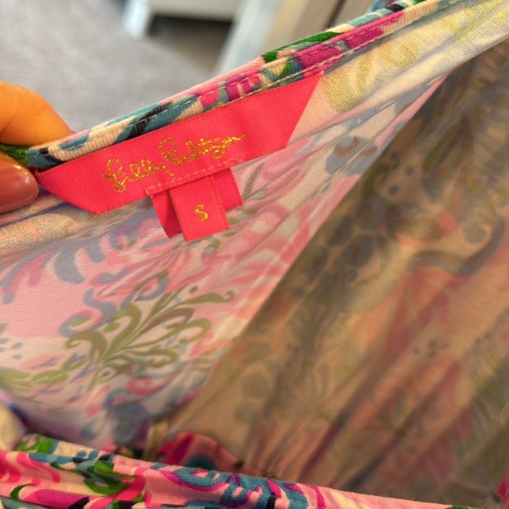 Lilly Pulitzer Pink Floral Wrap Jumpsuit with Green & Blue Botanical Print - Picture 4 of 5